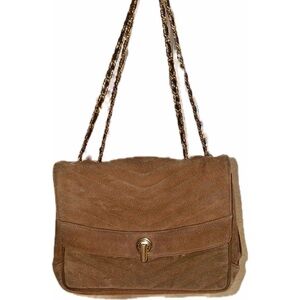 Vintage 1970’s Morris Moskowitz Suede Chevron Stitch Flap Bag Gold Chain Straps